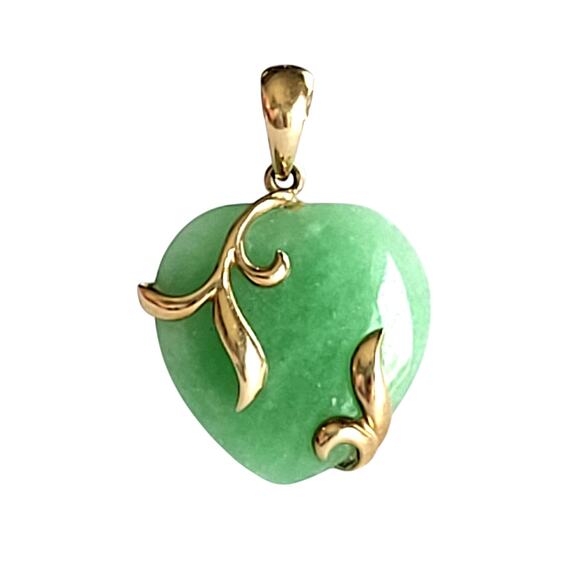 Solid Gold Jade Heart Pendant 10k - Picture 1 of 10